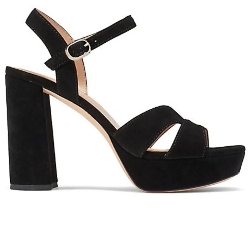 Kate Spade Delight Black Suede Platform Block Heel Sandals Square Toe  9B